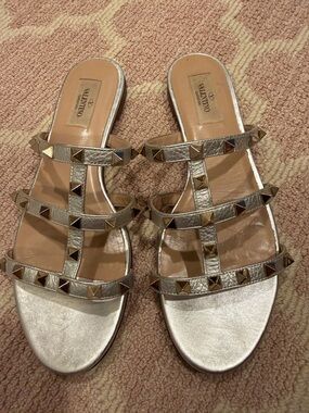 Valentino Gold Pyramid-Stud Triple-Strap Slide Sandals